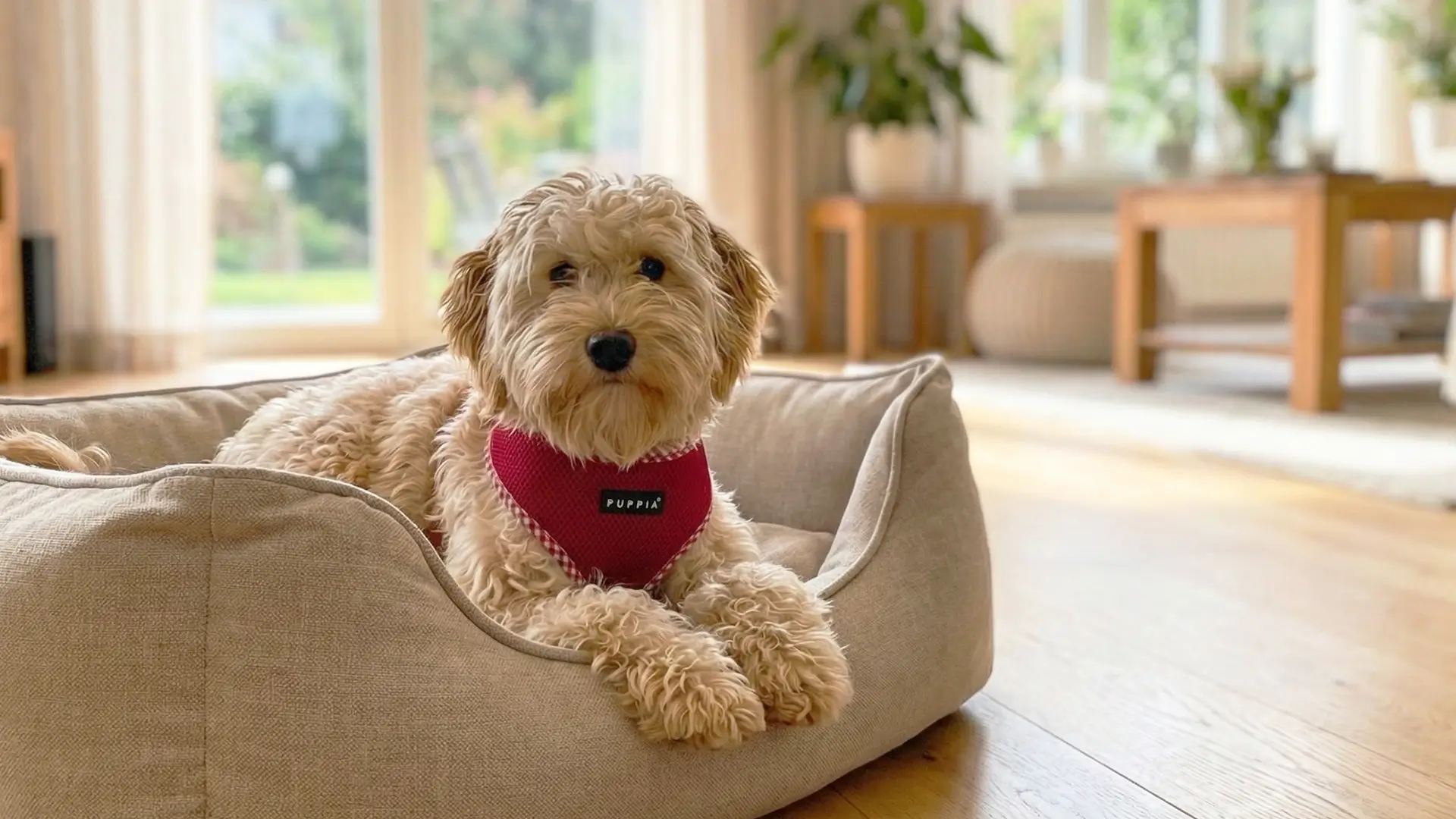 Welpe liegt entspannt im Hundebett im Wohnzimmer – Welpenerziehung und Ruhetraining (Hundetraining Düsseldorf)