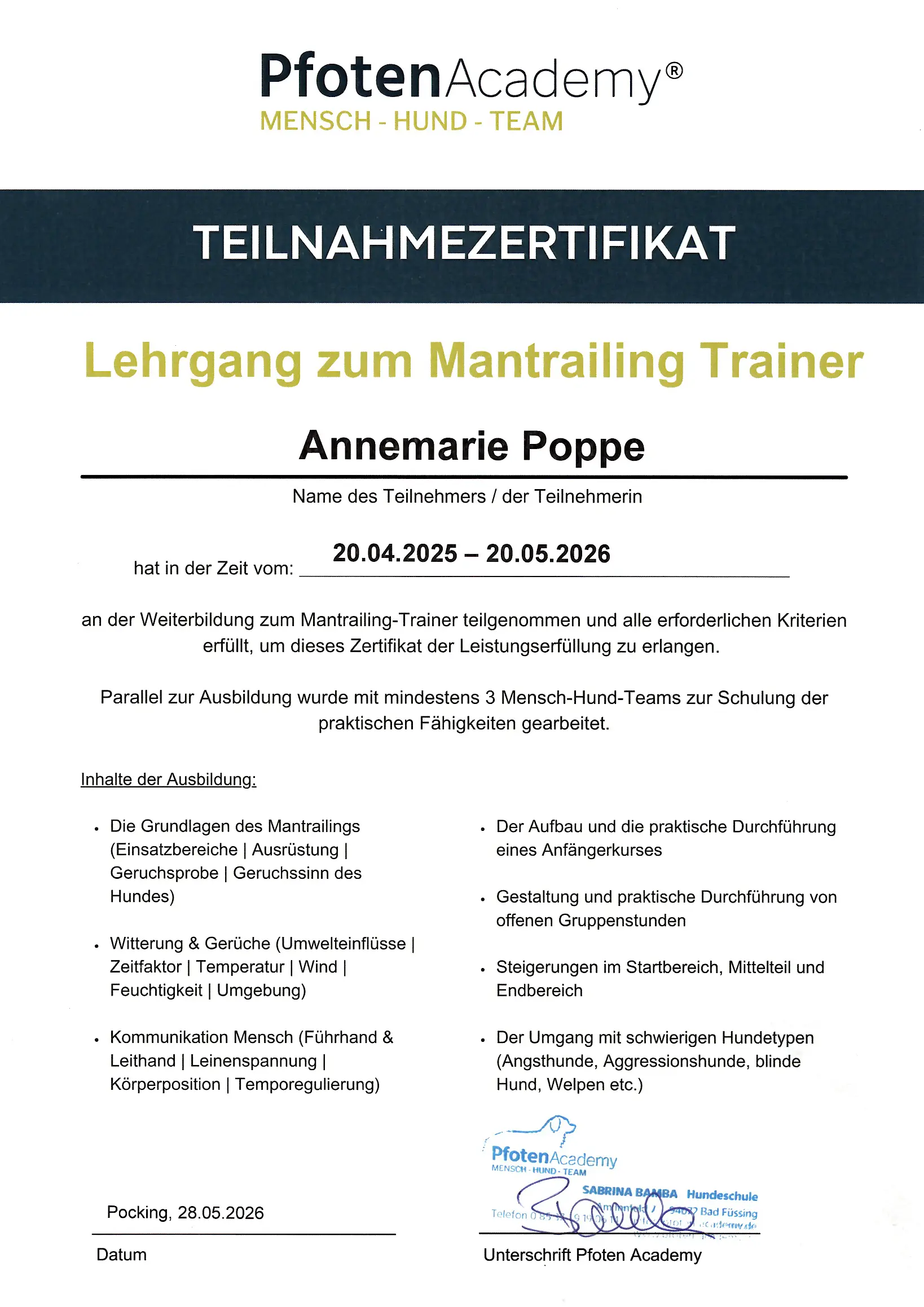 Zertifikat Pfoten Academy: Anne Poppe, Ausbildung zur Mantrailing-Trainerin